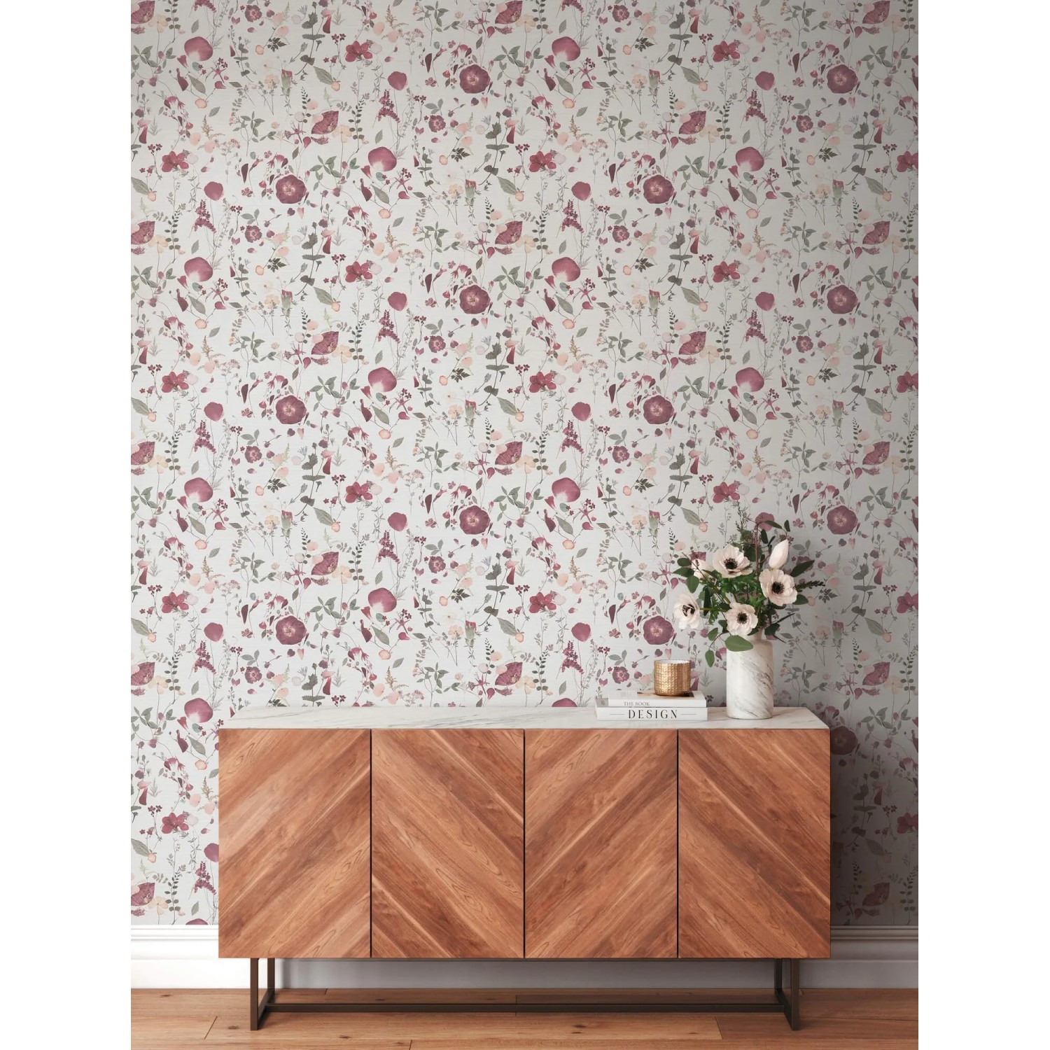 PROFHOME Vliestapete mit Blumenmuster in Weiß, Violett, Rosa und Grün. Dekorative Tapete im Landhausstil.