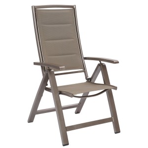 Merxx Tinetto Gartensessel, klappbar und 5-fach verstellbar, braunes Aluminiumgestell mit Textilbespannung.