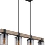 Globo Pendelleuchte mit 4 Rauchglas-Lampen an Holzstamm, schwarz-matte Details.