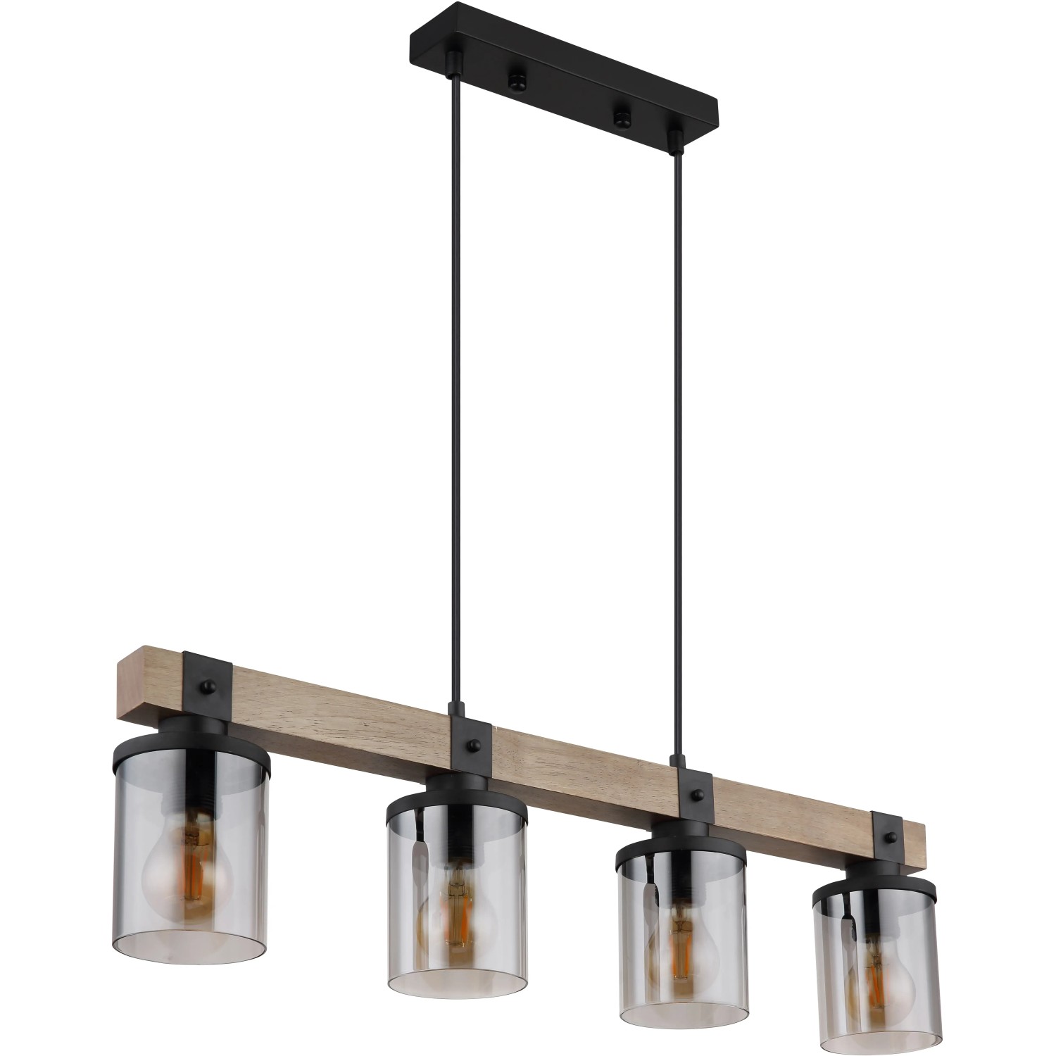 Globo Pendelleuchte mit 4 Rauchglas-Lampen an Holzstamm, schwarz-matte Details.
