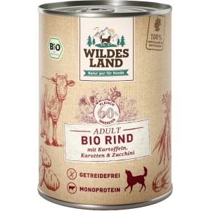 Dose Wildes Land Hunde-Nassfutter Bio Rind mit Kartoffeln, Karotten und Zucchini, 400g.