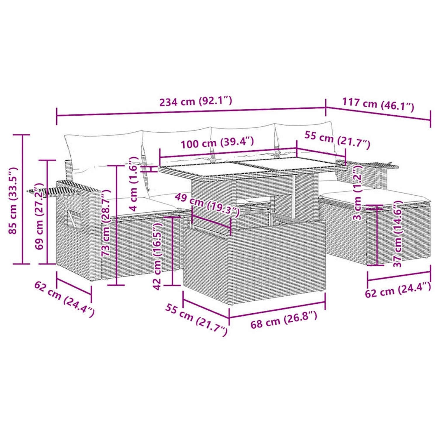 vidaXL Garten-Sofagarnitur, 6-teilig, braunes Poly Rattan, mit Maßen. Ideal für Terrasse und Garten.