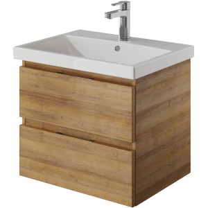 Pelipal Waschbeckenunterschrank Serie 4035 in Riviera Eiche, 56 cm breit, mit zwei Schubladen und Aufsatzwaschbecken.