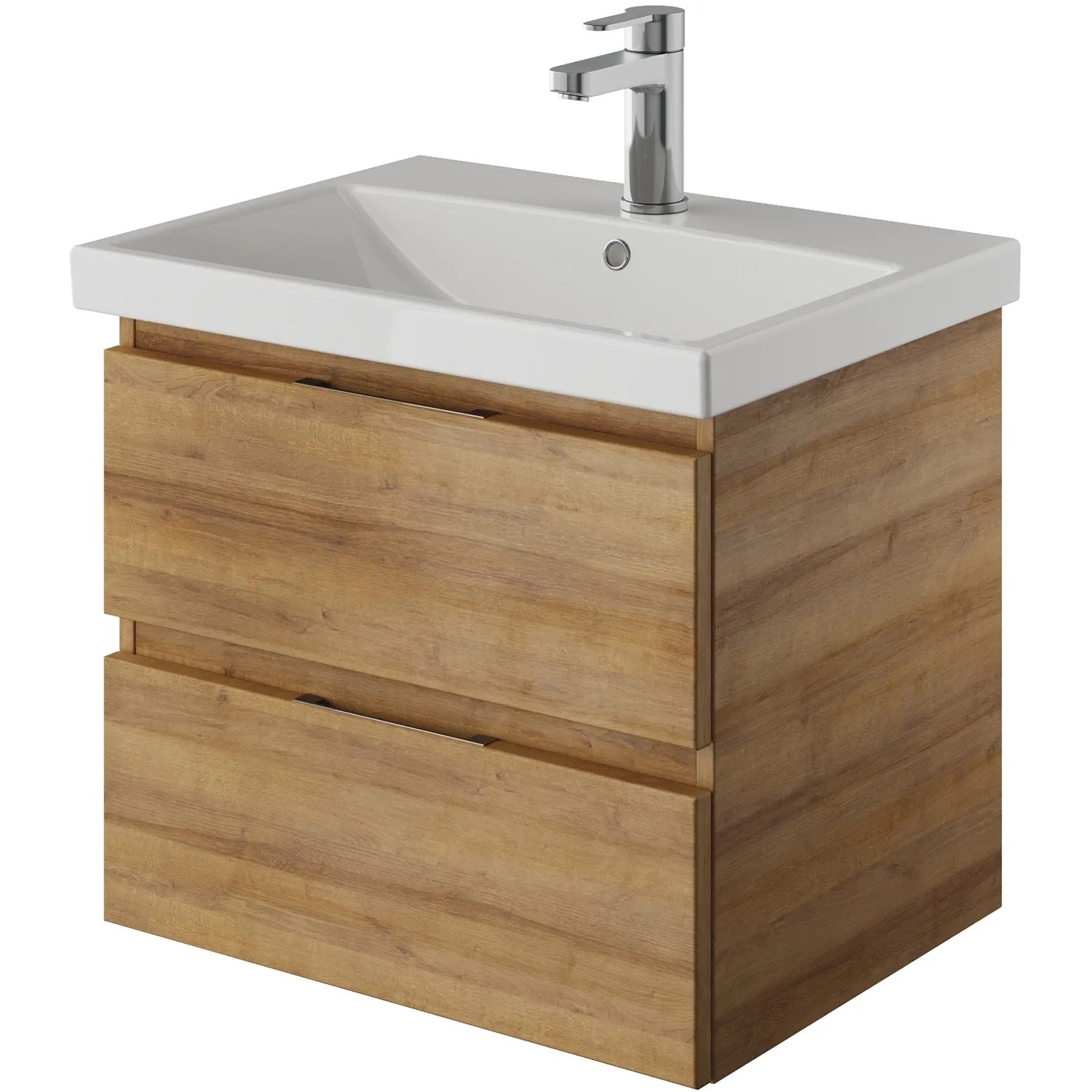 Pelipal Waschbeckenunterschrank Serie 4035 in Riviera Eiche, 56 cm breit, mit zwei Schubladen und Aufsatzwaschbecken.