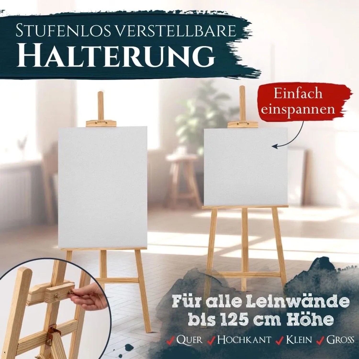 Artina Tessin Staffelei aus Kiefernholz, 175cm, für Leinwände bis 125cm Höhe.