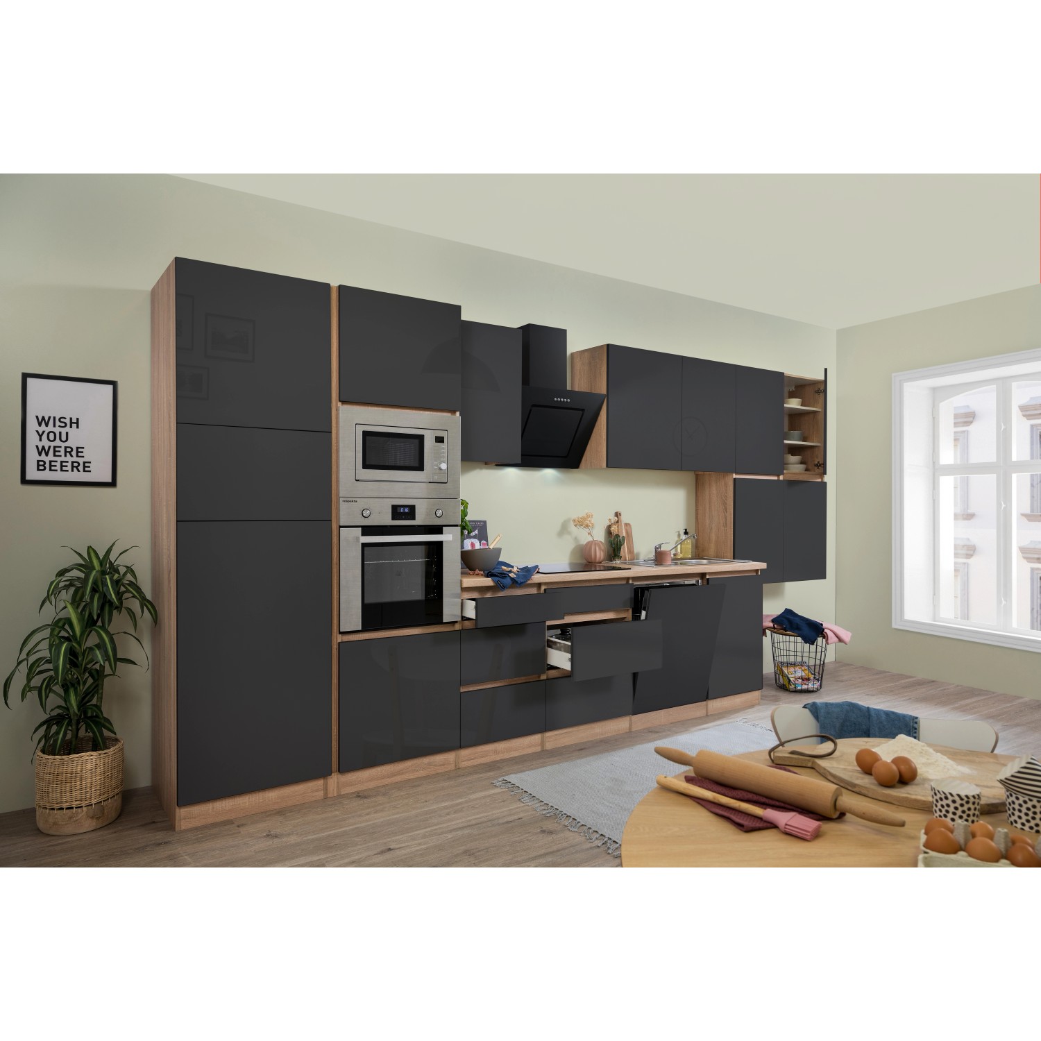 Respekta Premium Küchenzeile/Küchenblock Grifflos 445 cm Grau Hochglanz-Eiche Sägerau
