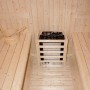 Innenansicht der Home Deluxe Fasssauna Lahti Deluxe XL mit Saunaofen, Kübel und Bänken.