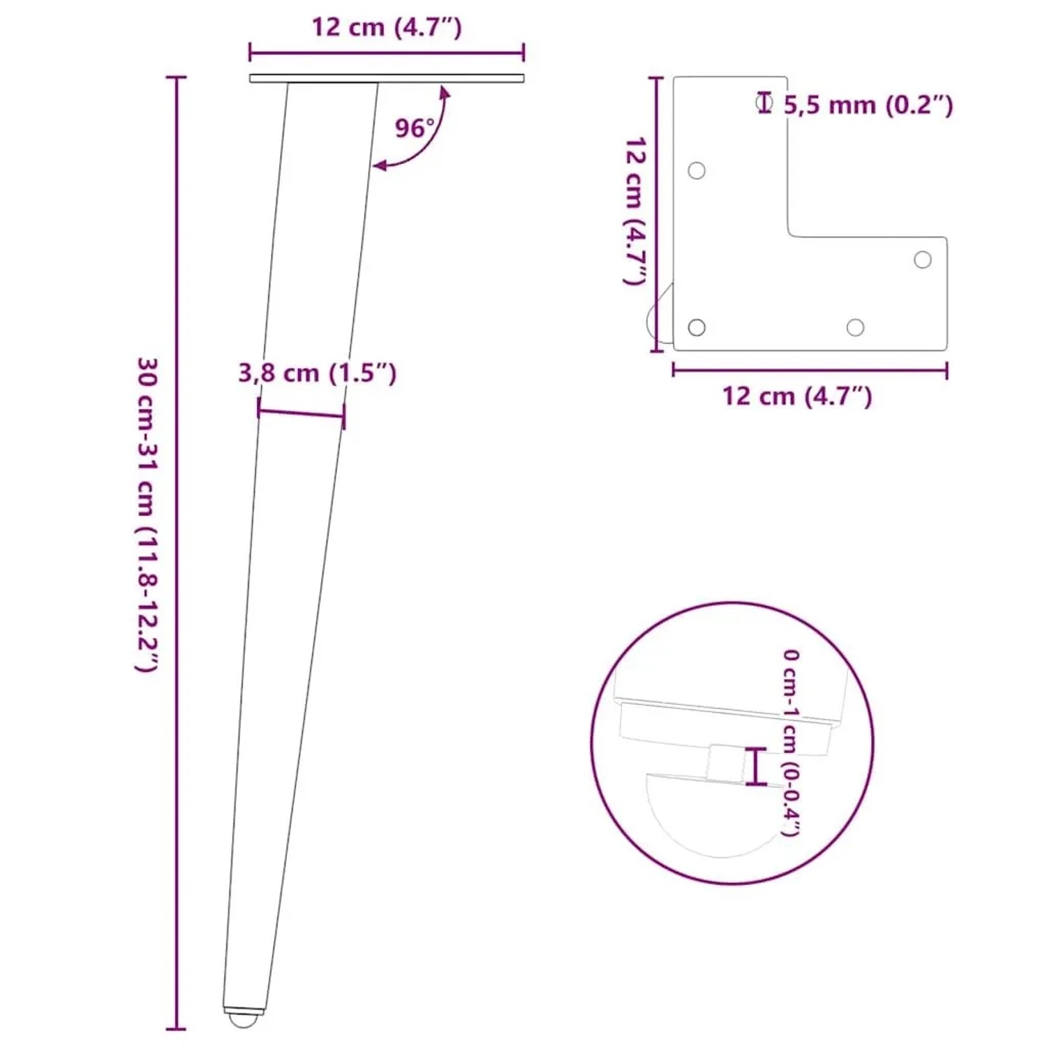 vidaXL Couchtischbeine, konisch, 4 Stk, schwarz, Stahl, 30-31 cm, Maße dargestellt.