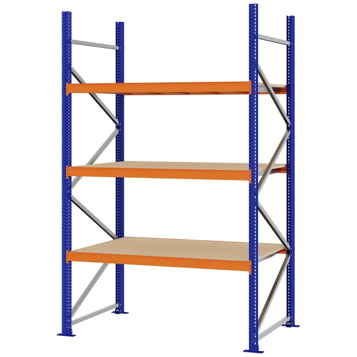 PROREGAL Weitspannregal Schraub-Stecksystem MAGNUS PRO Made In Germany Grundregal 250x150x80cm 3 Ebenen Spanplattenböden Fachlast 750kg Blau/Orange