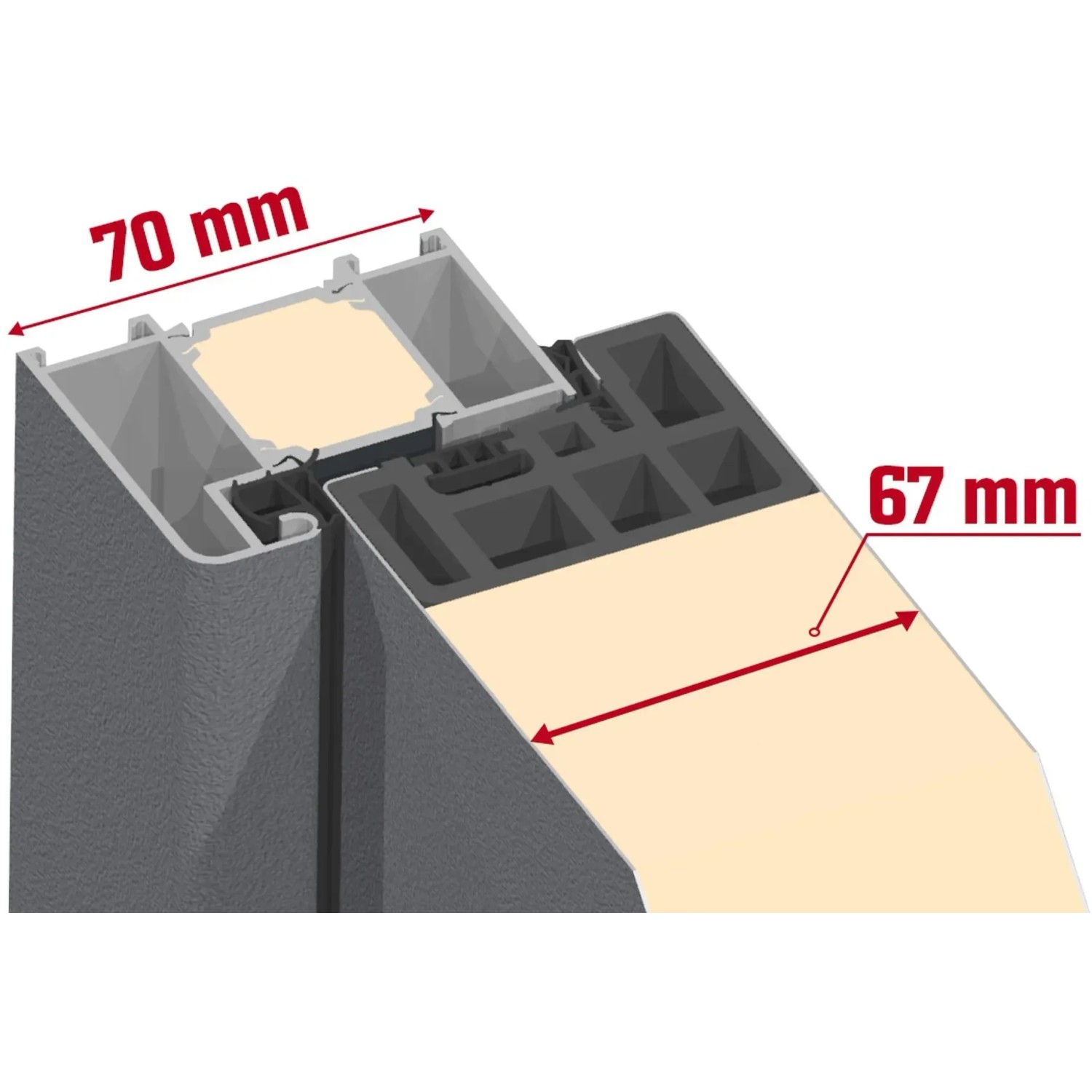 Schnittdarstellung ThermoSpace Milano Prime RC2 Haustür: Details zu Rahmen (70mm) und Türblatt (67mm).