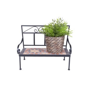DELUKE Blumenbank SARAH mit Keramikmosaik und Pflanzengefäß auf Sitzfläche.