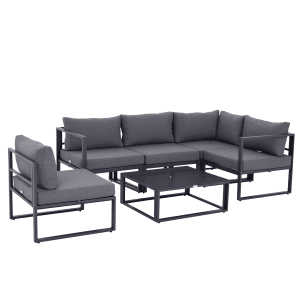 Graues Outsunny Garten Sofa Set mit Aluminiumrahmen, Polster und Glas Tischplatte.