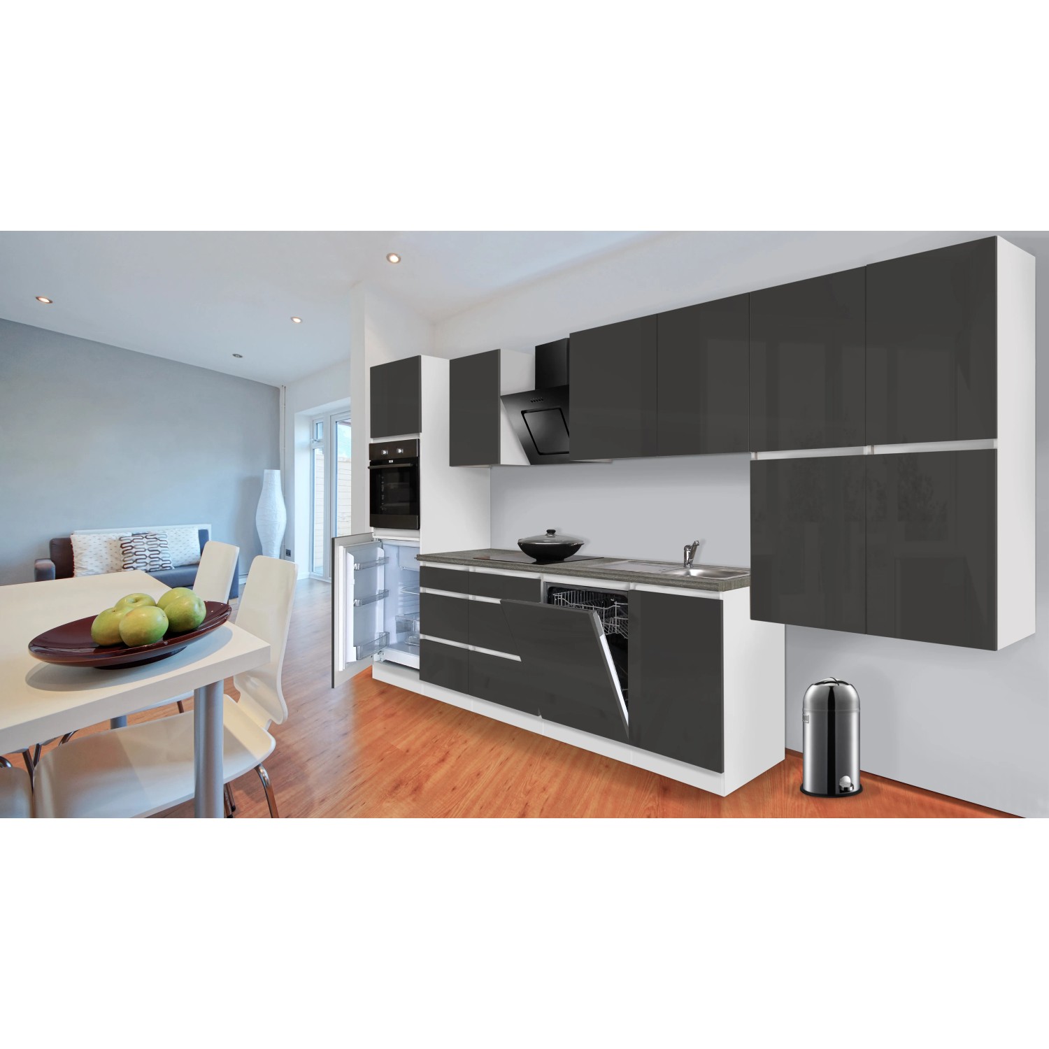 Respekta Küchenzeile GLRP380HWG, grifflos, grau hochglanz/weiß, mit E-Geräten. Moderne Einbauküche.