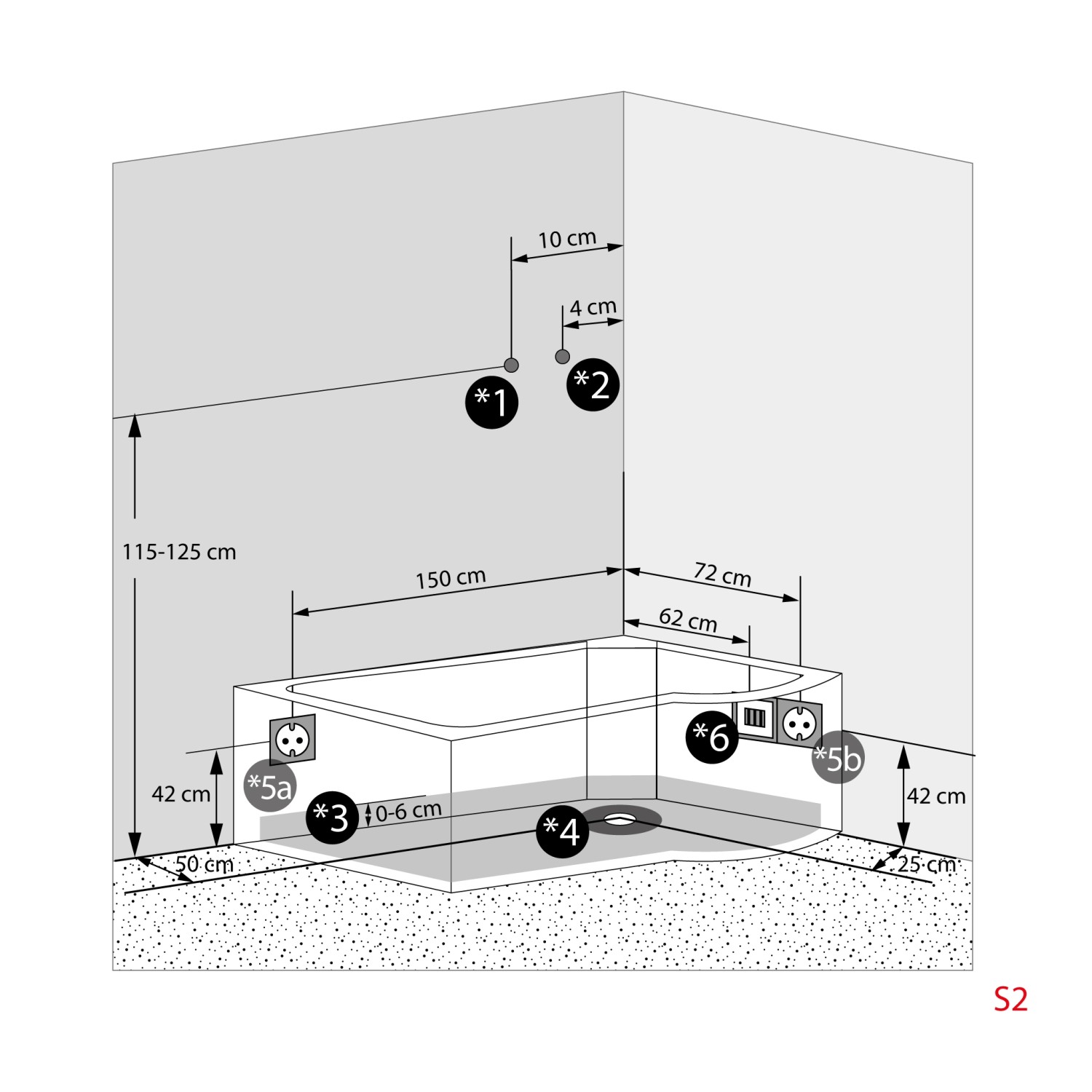 Skizze der AcquaVapore Whirlpool Dusche K50-L33-WP mit Maßangaben für Badewannen Installation.