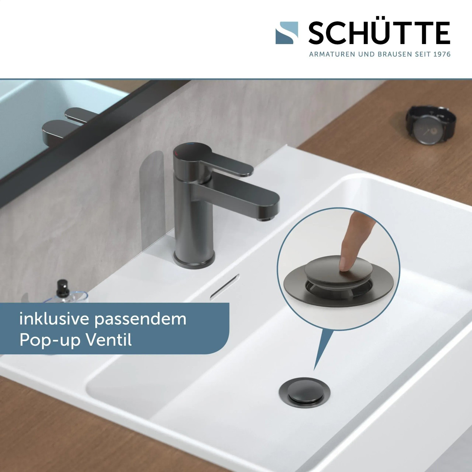 Schütte Waschtischarmatur Elephant, Graphit matt, mit Pop-Up Ventil im weißen Waschbecken.