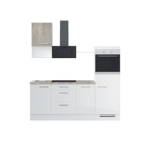 Impuls Küchenzeile IKZ1215L4, 215 cm, Weiß Hochglanz mit E-Geräten und Beton-Optik Arbeitsplatte.