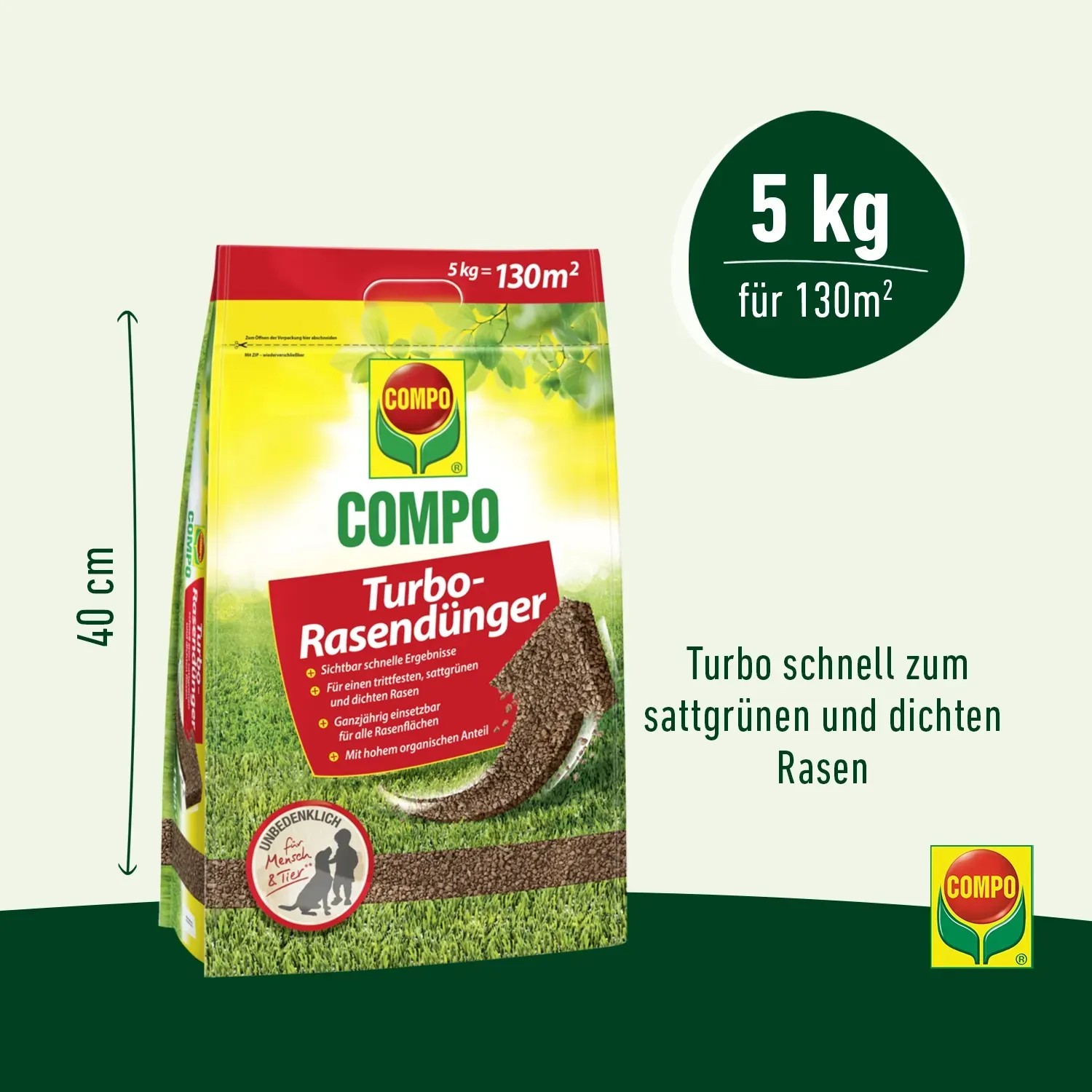 Compo Rasendünger Turbo 5kg: Organisch-mineralischer Dünger für schnelles Wachstum und einen dichten, grünen Rasen.