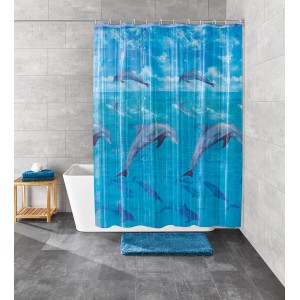 Kleine Wolke Duschvorhang Dolphin, 180x200 cm, mit blauem Delfin-Motiv.