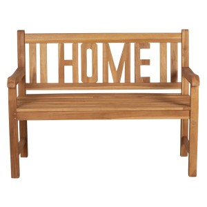 Gartenbank Home aus Teakholz, 120 cm breit, mit HOME Schriftzug im Rückenteil.