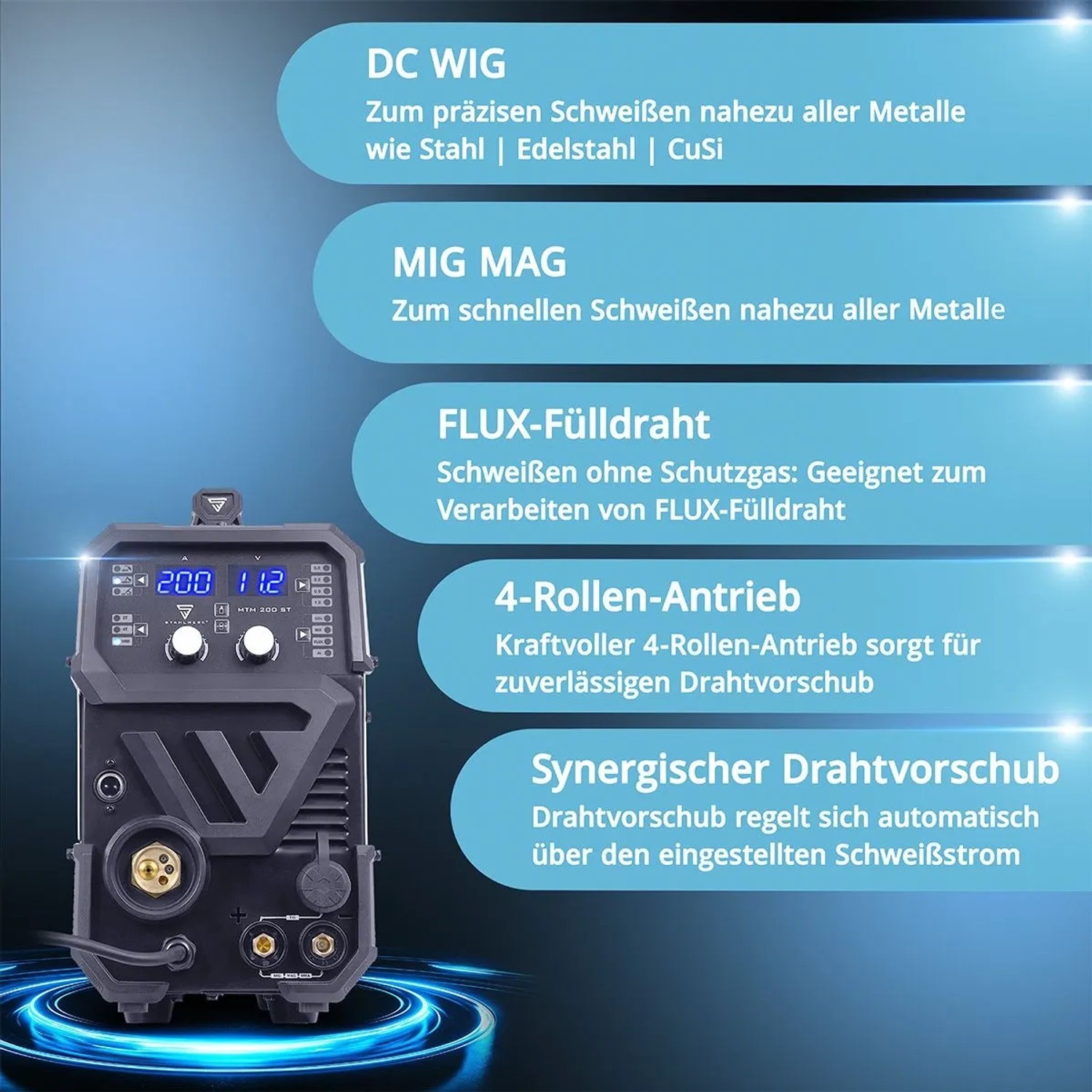 STAHLWERK 3-in-1 Kombi-Schweißgerät MTM 200 ST für WIG, MIG, MAG und MMA Schweißen.