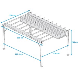 Skizze Pavillon Pergola Gazebo Florenz Wood mit Maßen, Sonnensegel teilweise geöffnet.