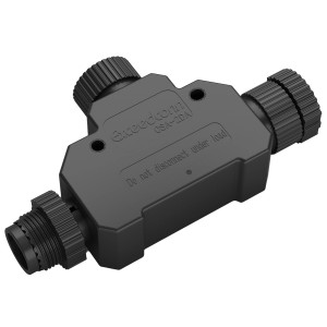 Schwarzer Philips Hue Outdoor T-Stecker für Niedervolt-Außenleuchten.