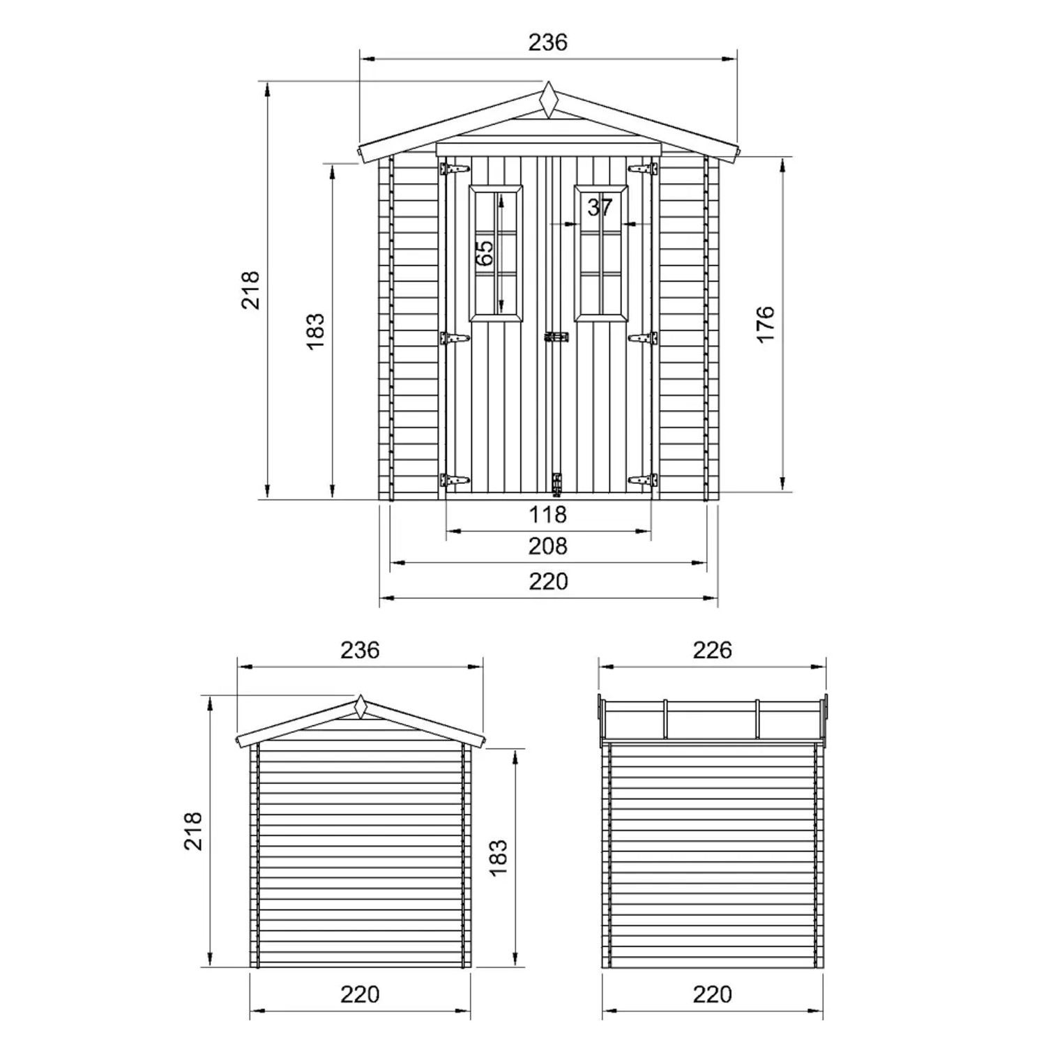 Technische Zeichnung: Timbela Holz-Gartenhaus M369C, Maße und Ansichten.