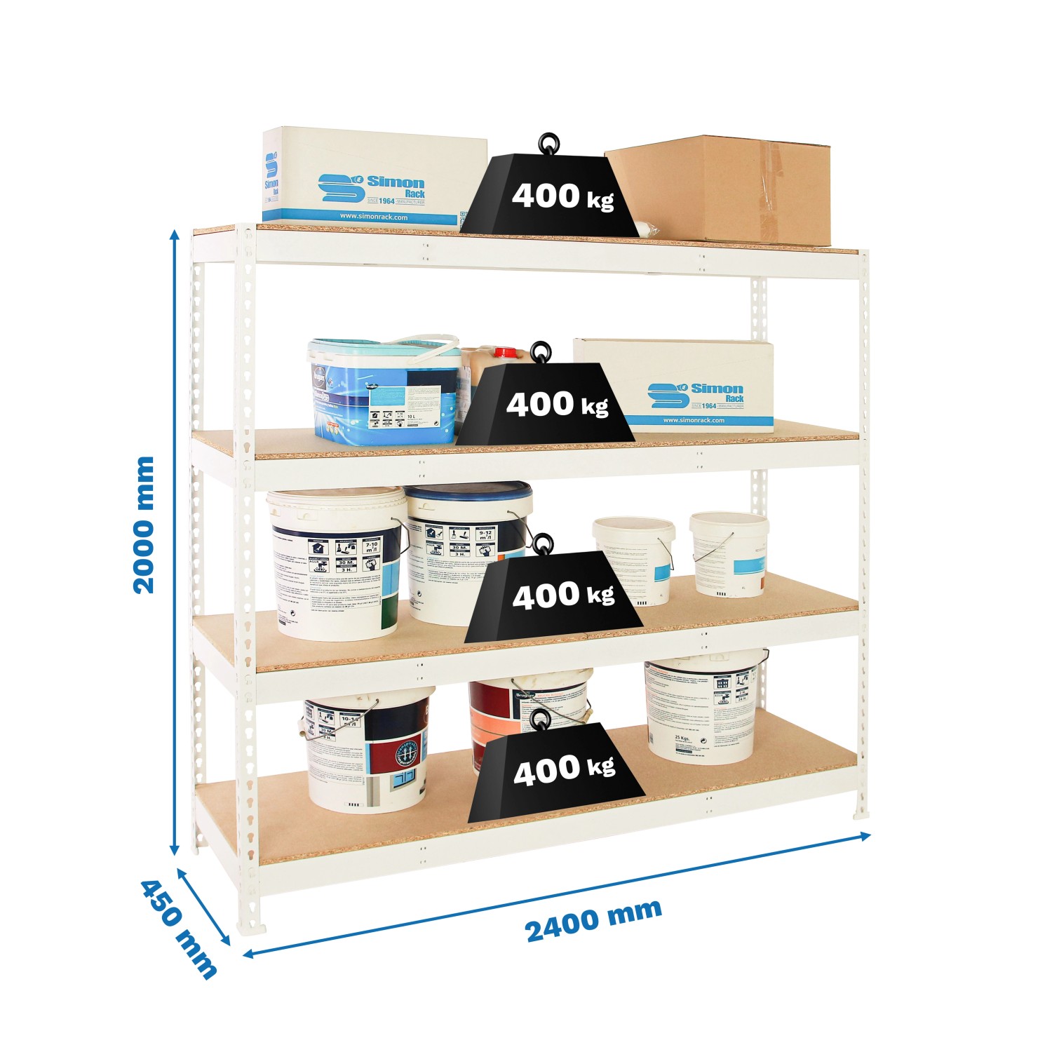 Weißes PROREGAL Schwerlastregal Wood Beast mit vier Regalböden, beladen mit Farbeimern und Kartons.