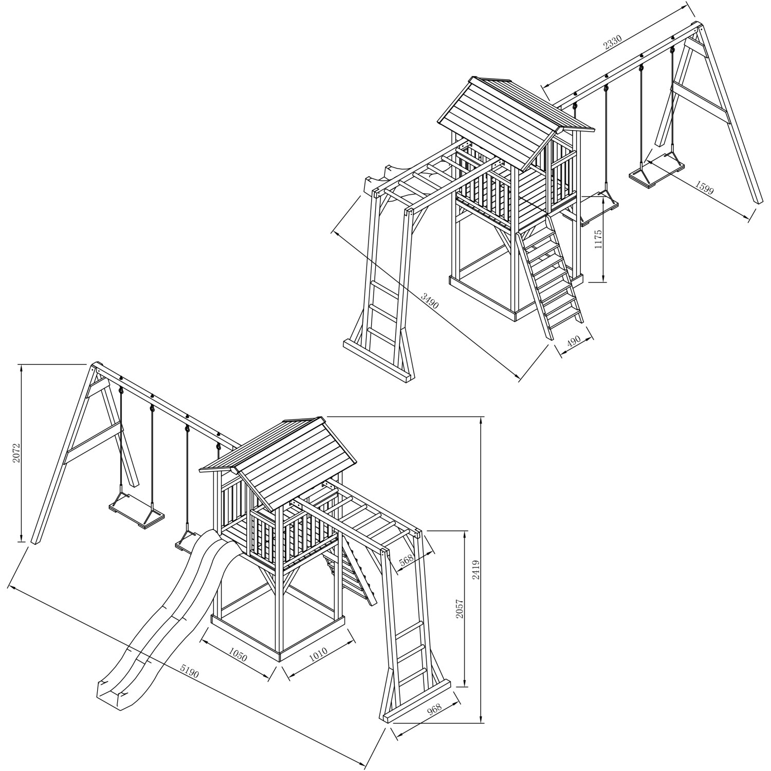 Skizze des Axi Beach Tower Spielturms mit Klettergerüst, Doppelschaukel und Rutsche mit Maßangaben.