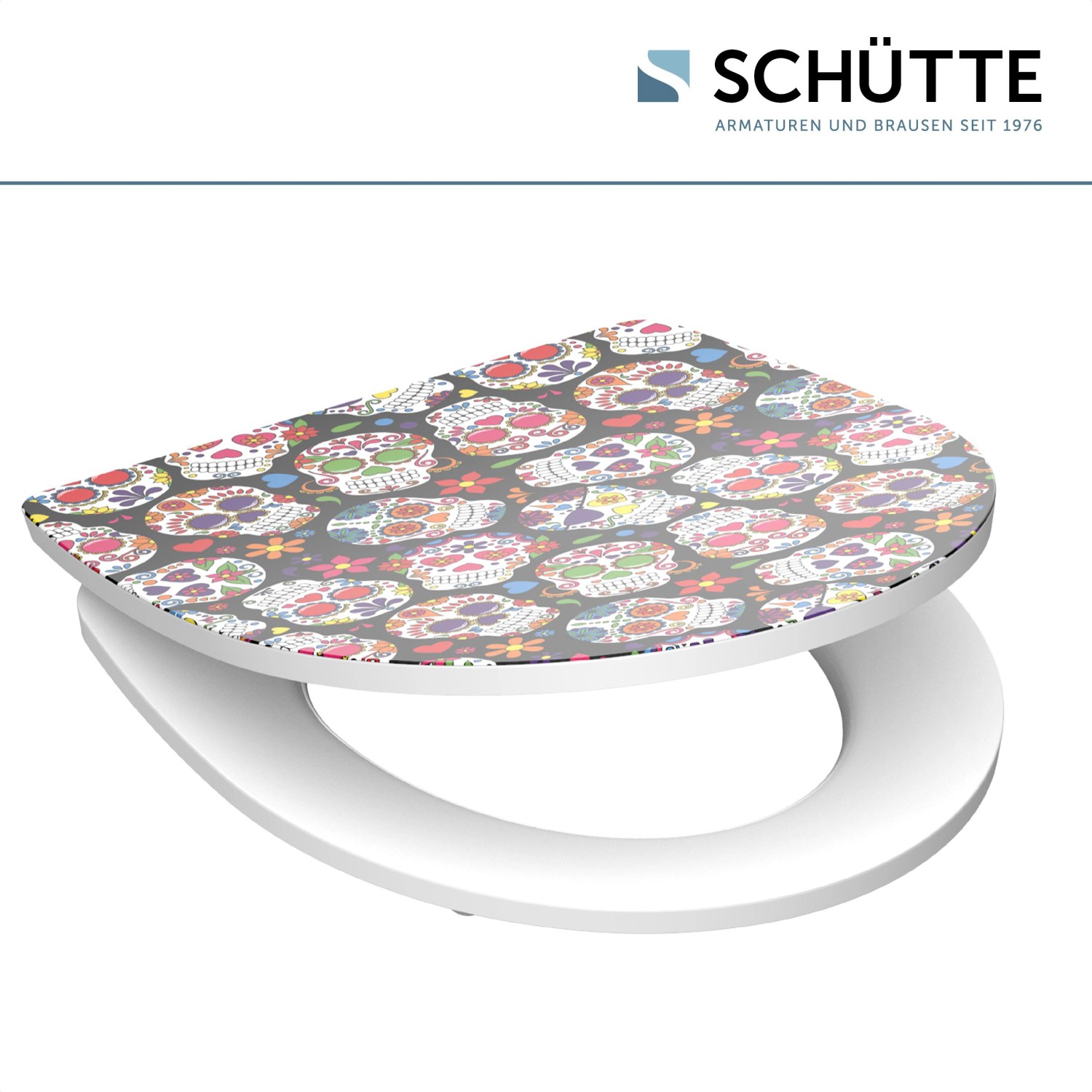 Schütte WC-Sitz Crazy Skull mit Absenkautomatik und Schnellverschluss, Totenkopf-Motiv.