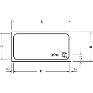 Technische Zeichnung der weißen Duravit D-Code Duschwanne, 110x75x8,5 cm, mit Maßangaben.