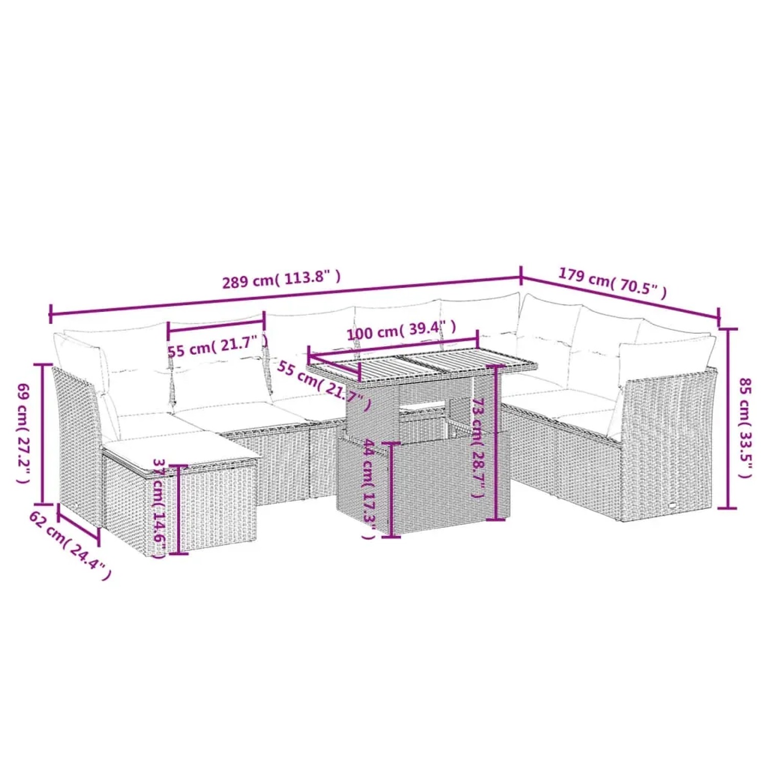 Schwarze 9-teilige Garten-Sofagarnitur aus Poly Rattan mit Tisch und Kissen.