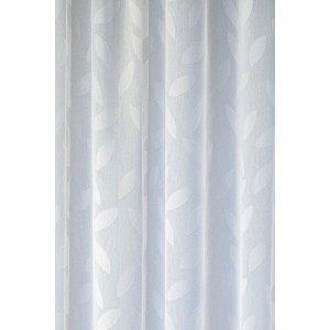 Transparenter, weißer Fenstervorhang mit Blätter-Muster und verdeckten Schlaufen.