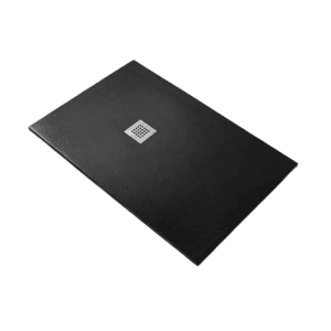 Schwarze, rechteckige Frascio Duschwanne 95x180 cm aus Kunstharzmarmor mit Edelstahl Ablauf.