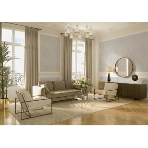 Wohnraum mit Vliestapete Barock Kronleuchter in Weiß und Grau an der Wand.