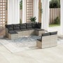 Hellgraue 9-teilige Garten-Sofagarnitur aus Poly Rattan mit dunklen Kissen. Gartenmöbel für Terrasse und Garten.