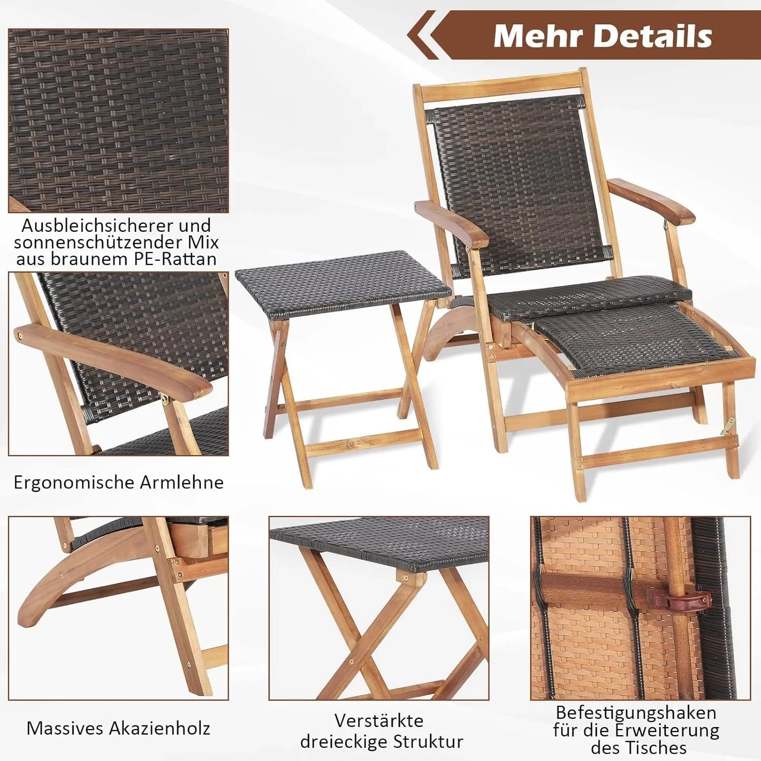 Rattan Sonnenliege mit ausziehbarer Fußstütze und passendem Beistelltisch aus Akazienholz, klappbar.
