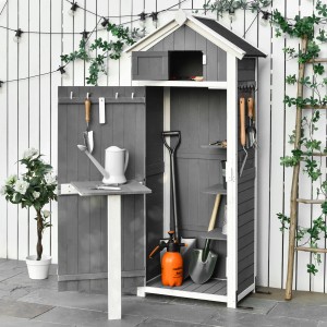 Outsunny Gerätehaus aus Tannenholz, dunkelgrau/kohlegrau, mit Klapptisch und Werkzeugen.