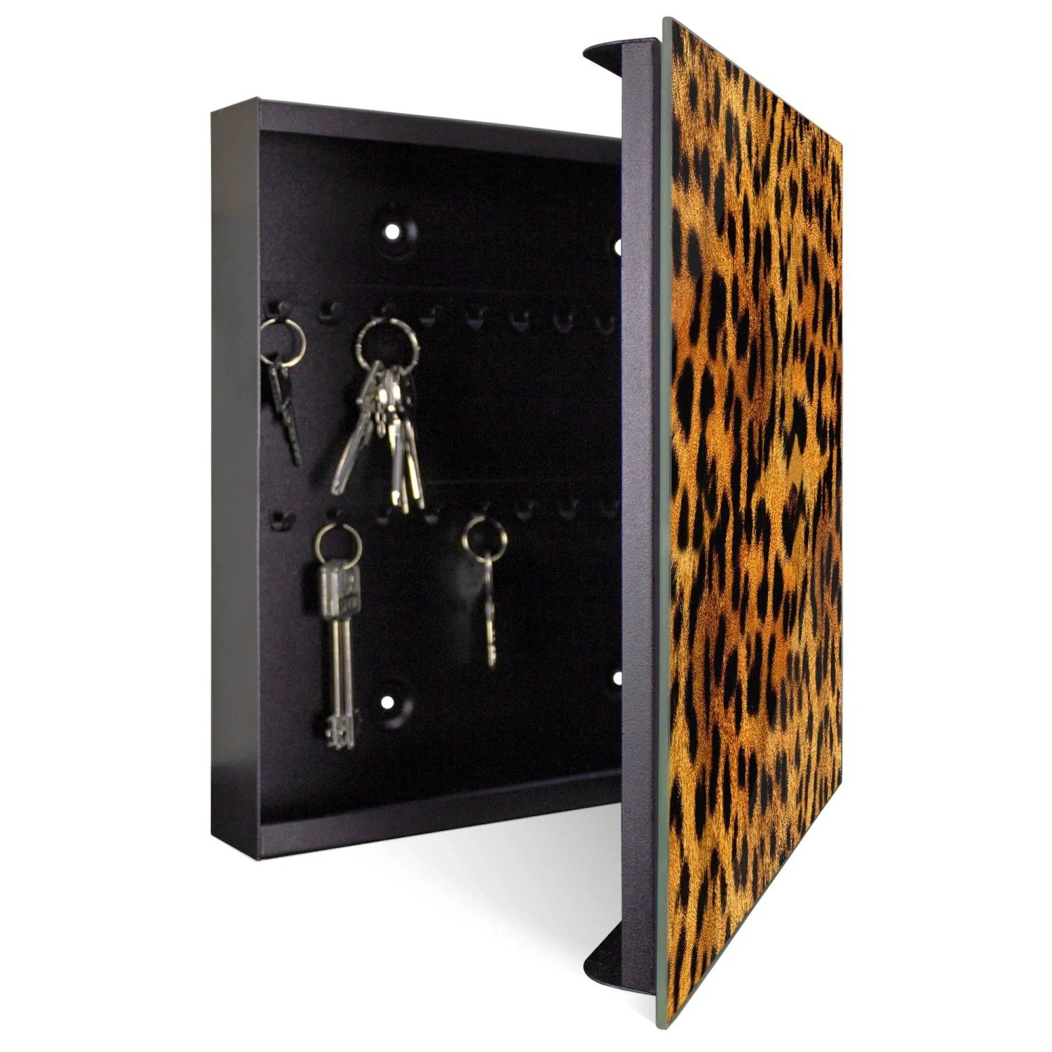 Offener, schwarzer Schlüsselkasten mit Leopard-Motiv auf Glastür, 50 Haken, magnetisch und beschreibbar.