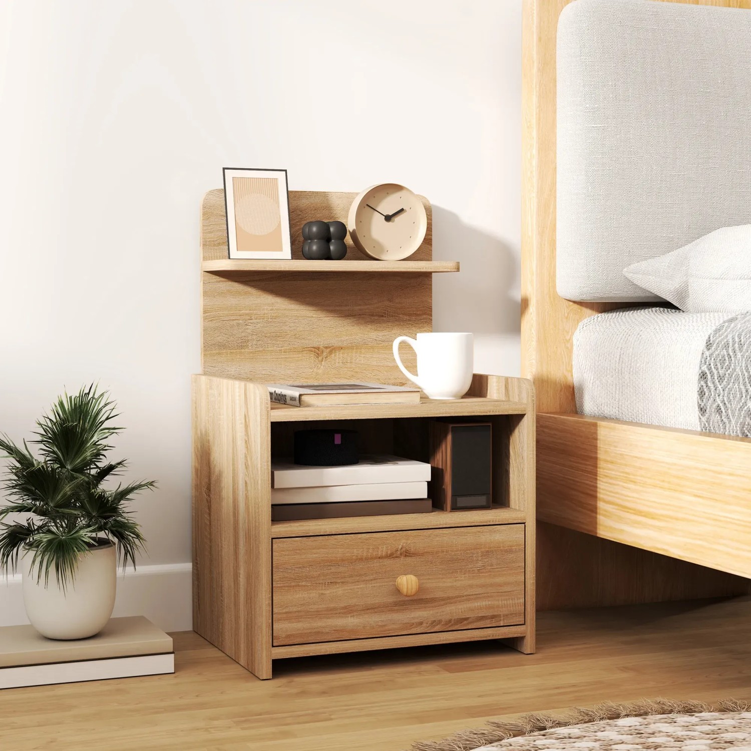 HOMCOM Schwebende Nachttische Set – 2 Stück, Wandmontage, Mit Schublade & Regal, Eiche-Optik