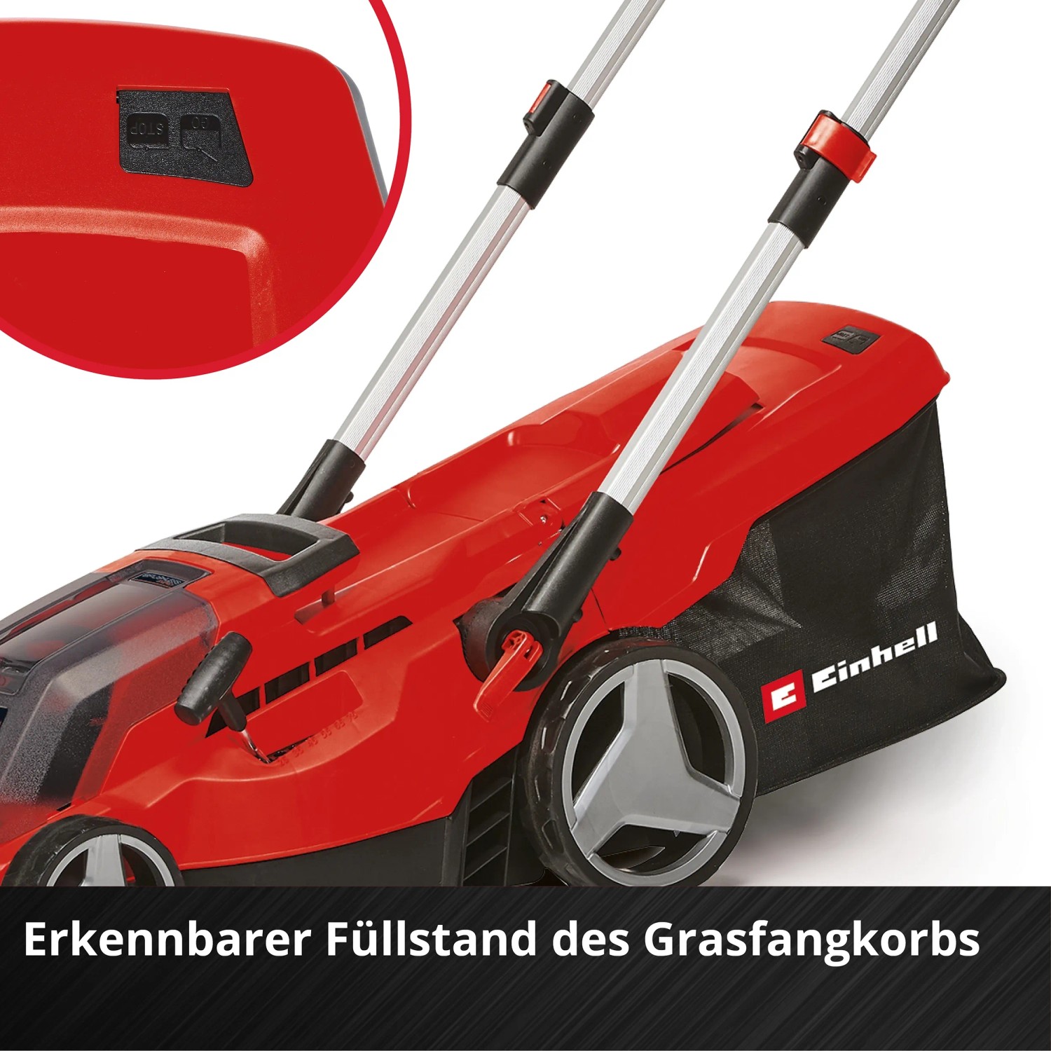 Einhell Akku-Rasenmäher GP-CM 36/450 mit Füllstandsanzeige des Grasfangkorbs.