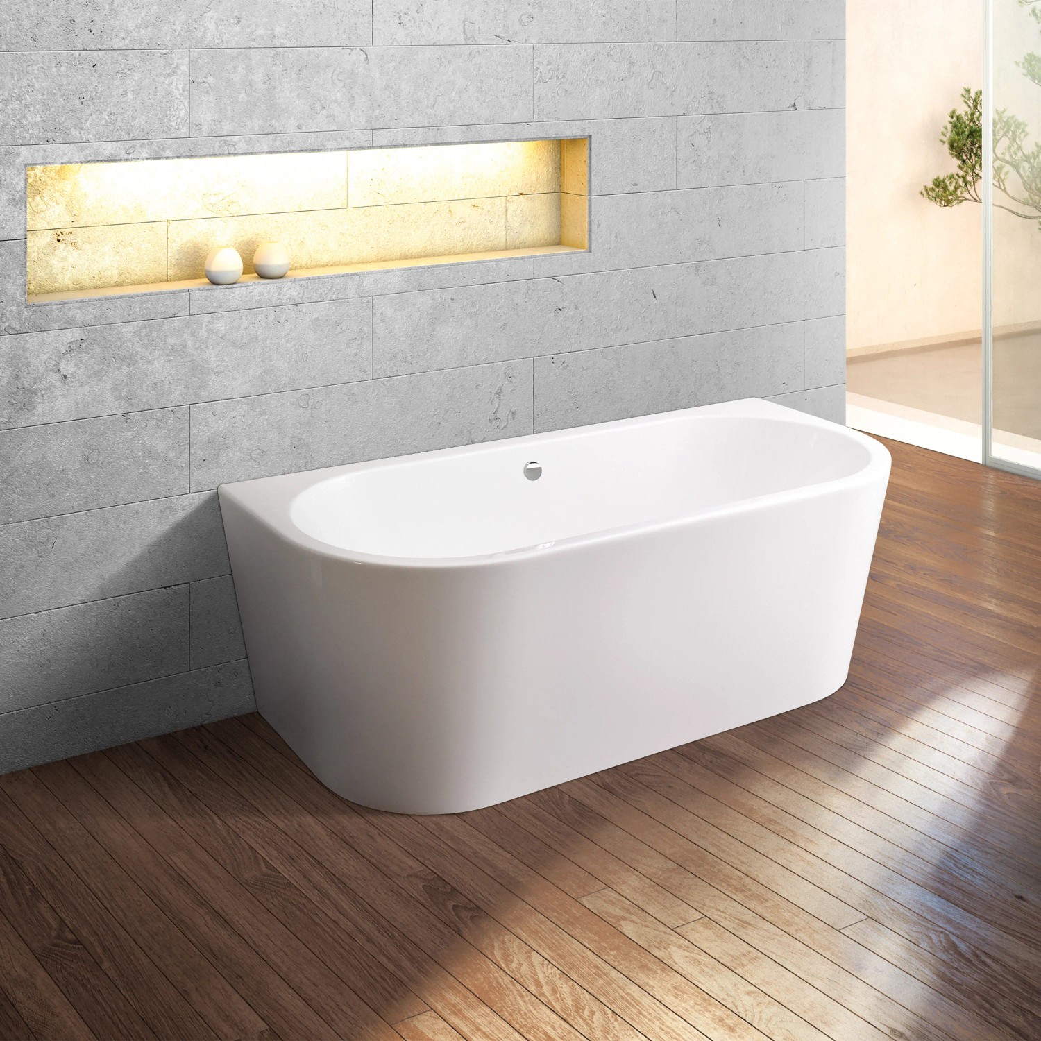 Weiße Ottofond Badewanne Modena XS, 165x75 cm, mit Ablaufgarnitur in modernem Badezimmer.