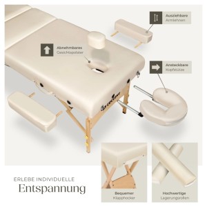 Tectake 3 Zonen Massageliege Set  Breite 70 cm  Polsterung 10 cm Inklusive Hocker  Lagerungsrollen und Tragetasche  218 x 102 x 90 cm Beige
