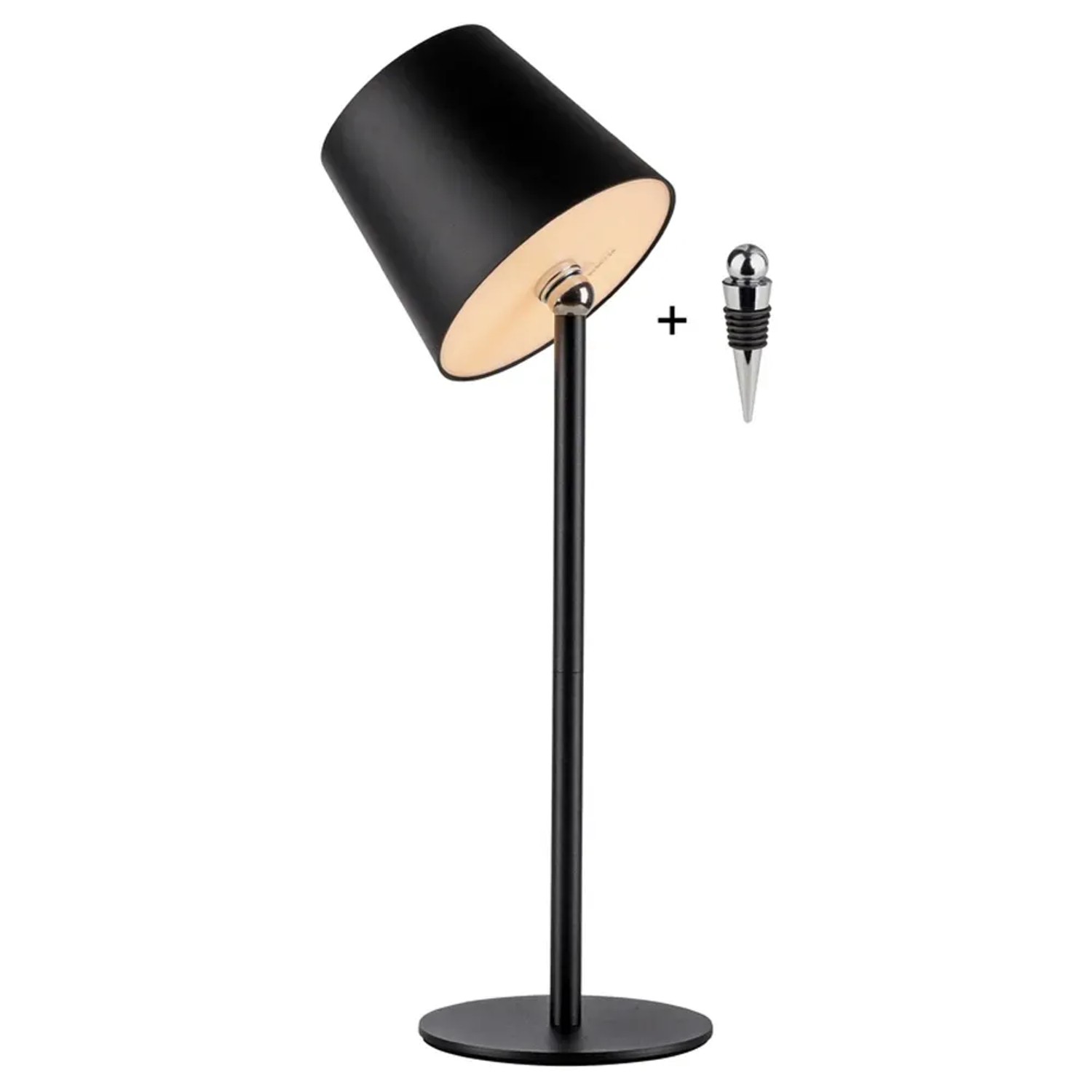 Schwarze Just Light Akku-LED-Tischleuchte Boteria mit Flaschenaufsatz, Ø 11 cm, 37 cm hoch.