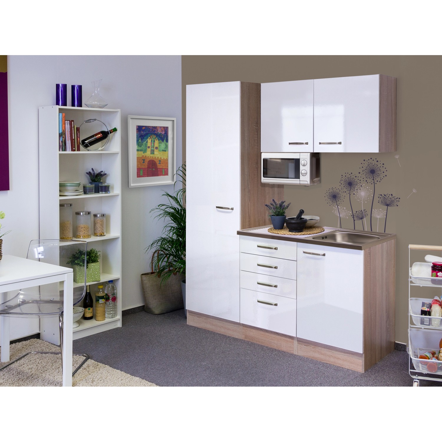 Flex-Well Singleküche/Miniküche 150 cm Valero Hochglanz Weiß-Sonoma Eiche