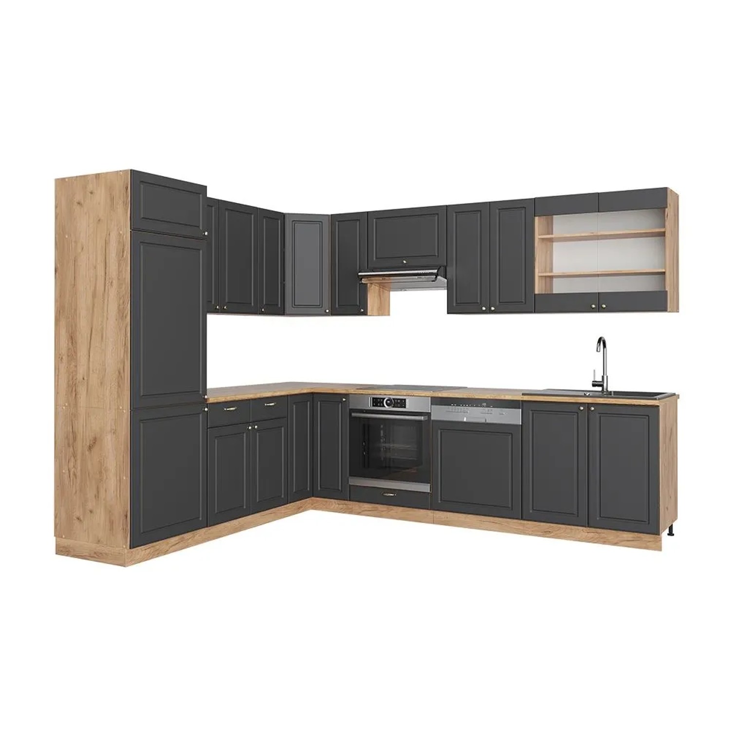 Vicco Eckküche Fame-Line Anthrazit-Gold Landhaus/Goldkraft Eiche 287 x 82 ohne Arbeitsplatte