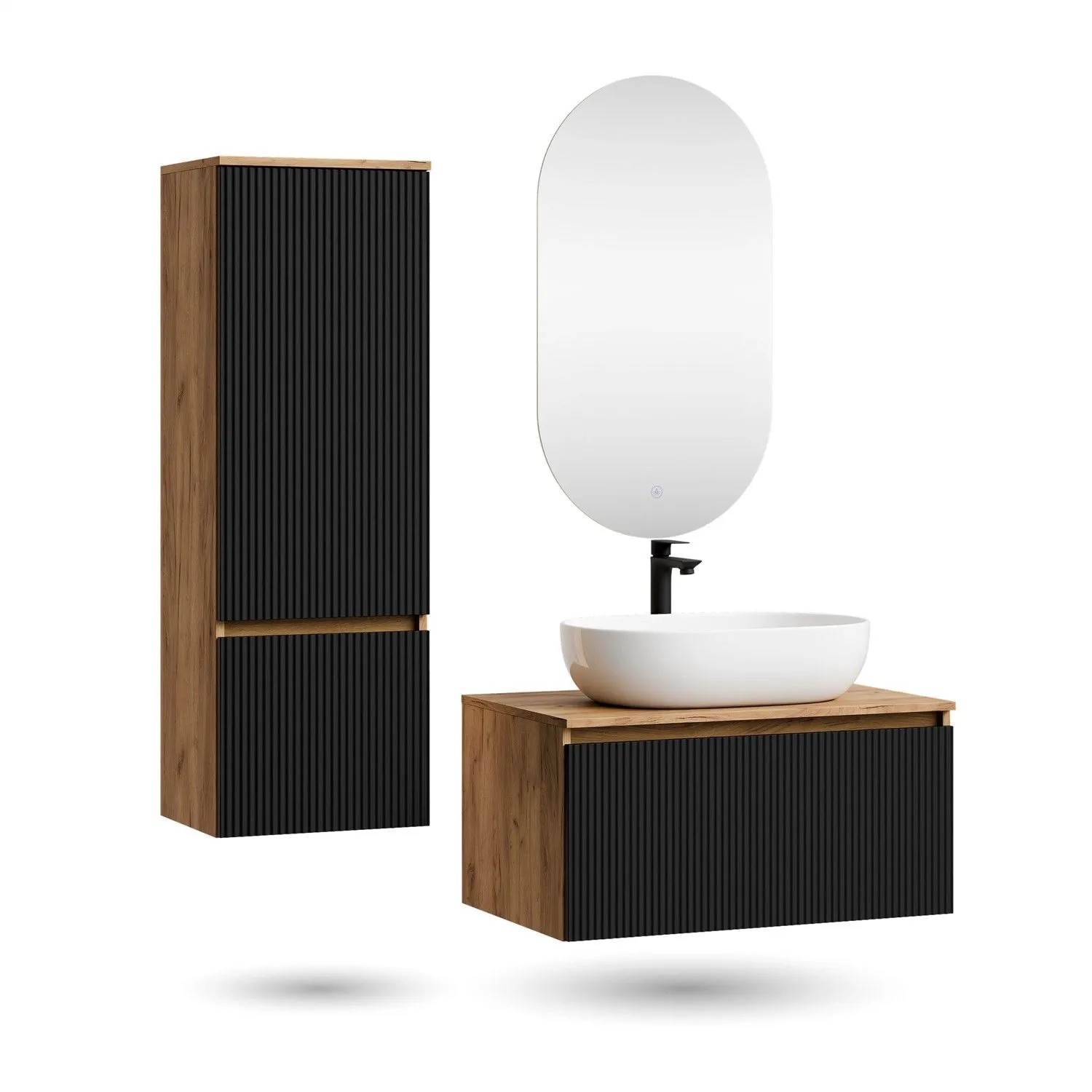 Planetmöbel ARISA Badmöbel Set 80 cm Schwarz Geriffelt mit Hochschrank LED Spiegel Dimmbar und Keramik Aufsatzwaschbecken 60 cm Weiß
