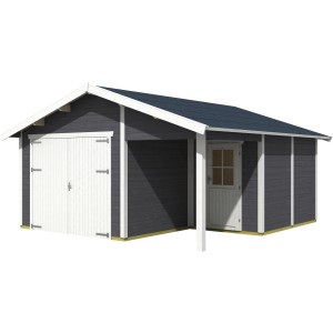 Skan Holz Garage Varberg, schiefergraue Holzgarage mit Doppeltor und Tür.