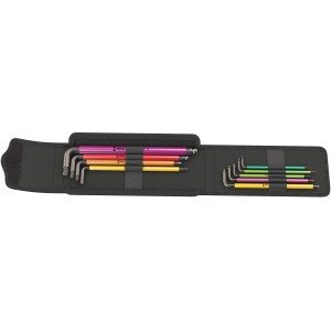 Wera Bicycle Set 4, 9-teilig, in geöffneter, schwarzer Falttasche. Farbcodierte Innensechskant- und Torx-Schlüssel.