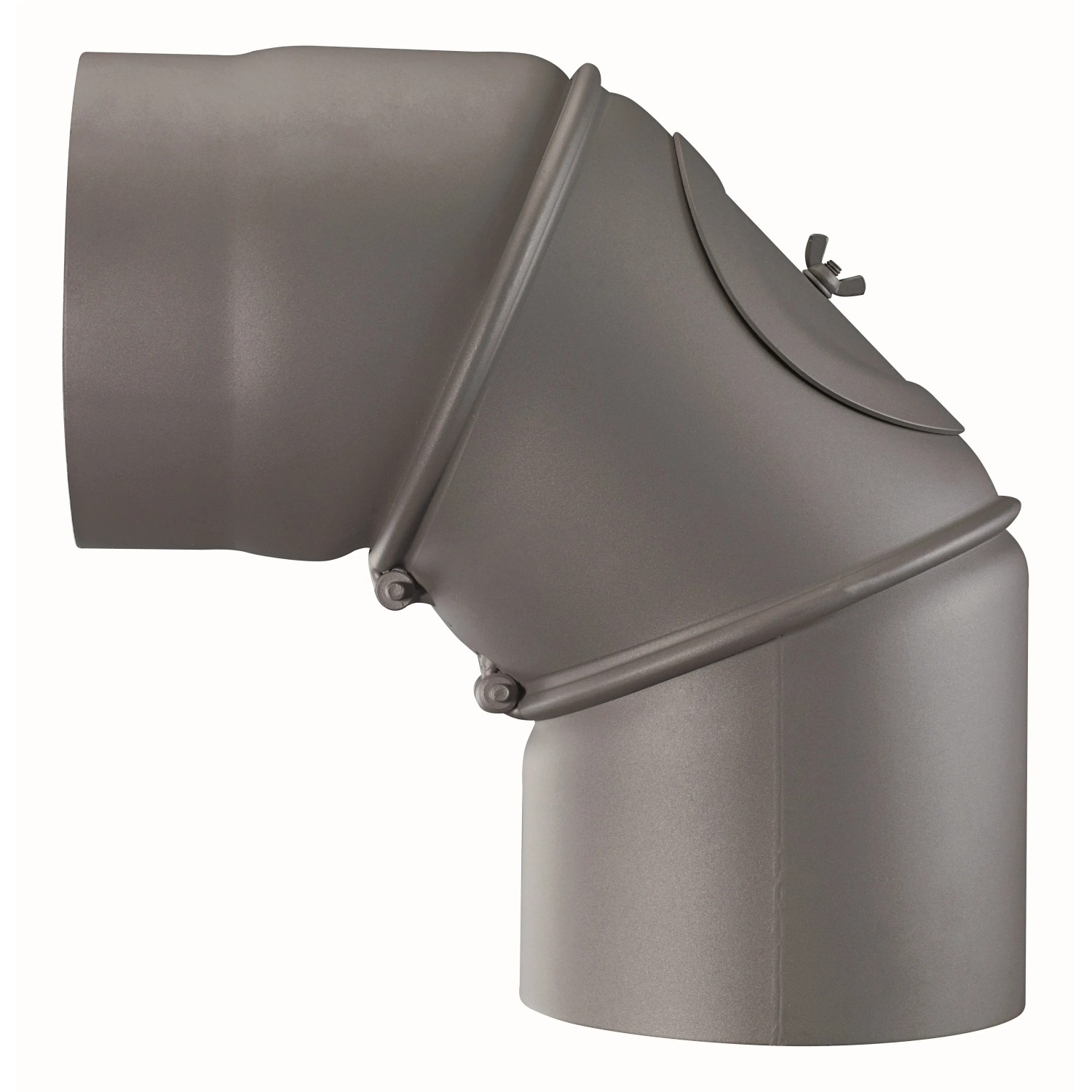Grauer OBI Rauchrohrbogen 90° mit 150 mm Durchmesser für Kaminöfen.
